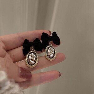 Black Bow Pearl Drop Earrings Vintage Coquette Statement Earrings